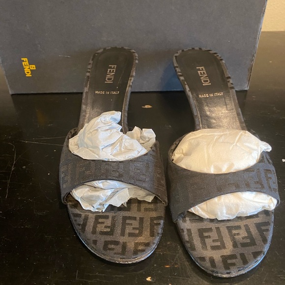 FENDI FF MULES BLACK SIZE:7.5 PREOWNED - Picture 7 of 7